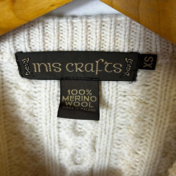 VTG Inis Crafts Ireland Ivory Merino Wool Fisherman Cable Knit Cardigan Size XS - Picture 5 of 12